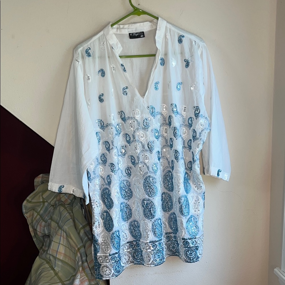 White and‎ Blue Paisley Sequined Embroidered Women's Cover Up Pop Over Top Sz42